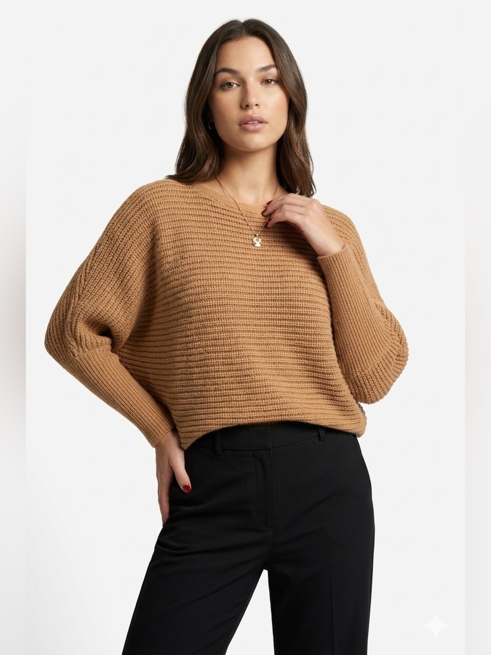HYFVE oversized Ribbed Batwing Sweater Camel Tan Dolman Sleeve Size S